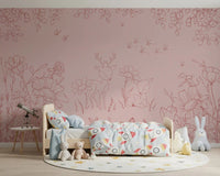 Pink line Wall Mural in Deer Doodles Pink Dark style