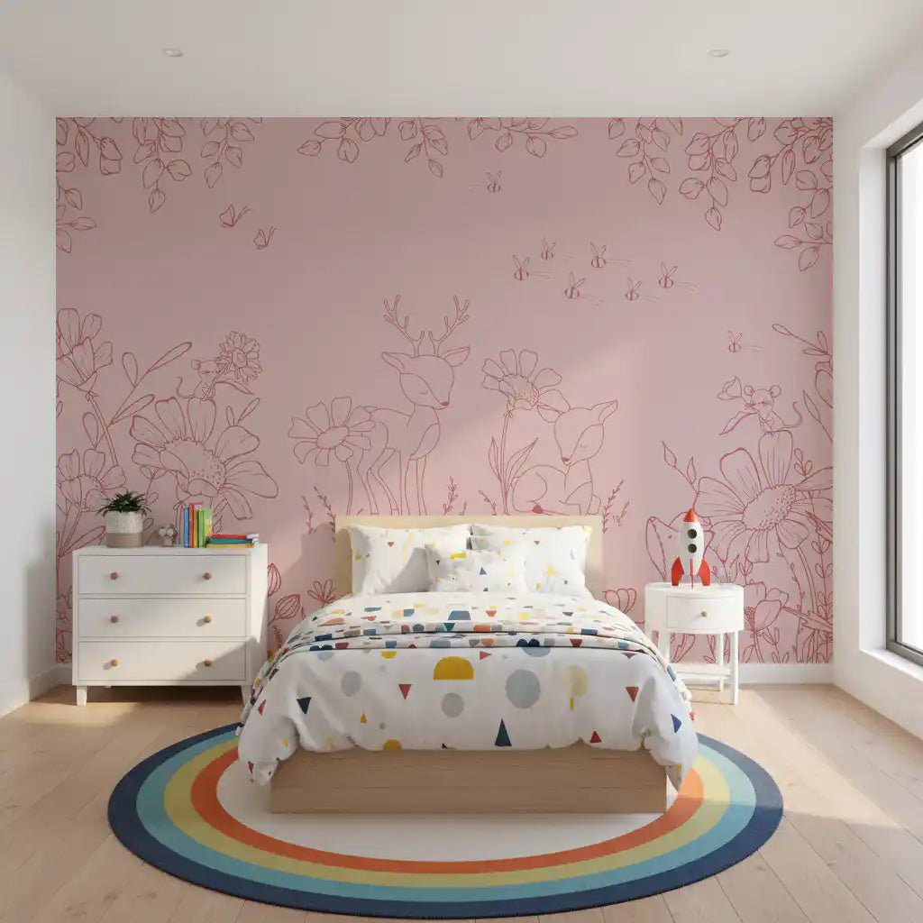 Children room showing Deer Doodles Pink Dark Line Art Wall Mural