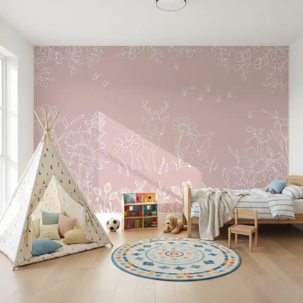 Deer Doodles Pink Wall Mural showing deer and floral sketches