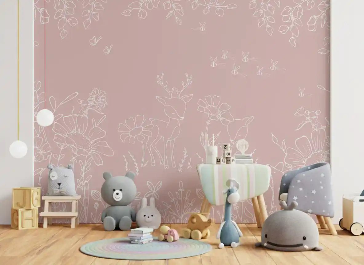 Deer Doodles Pink Wall Mural with meadow-style floral detail