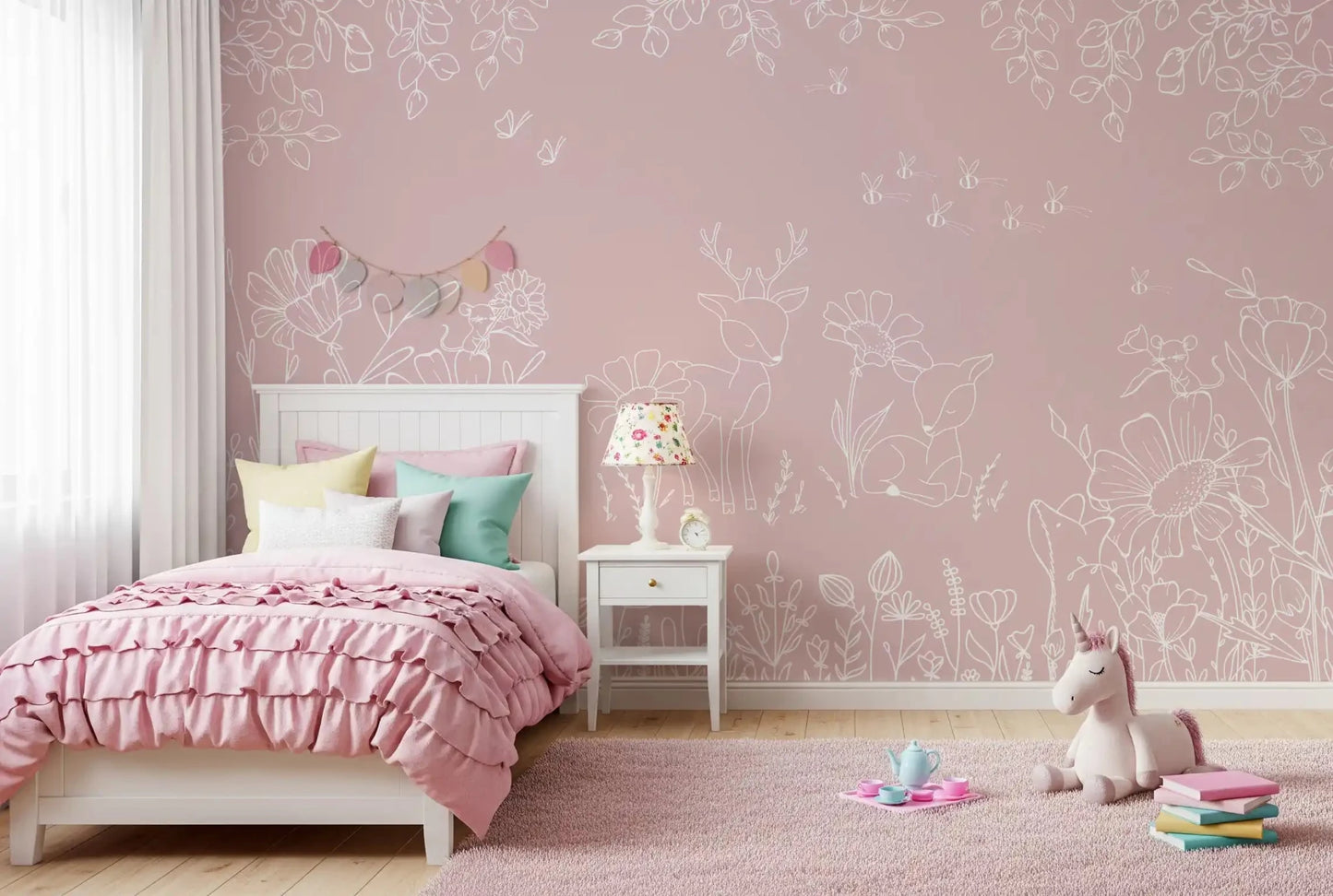 Girls room wall decorated with Deer Doodles Pink Wall Mural outlines
