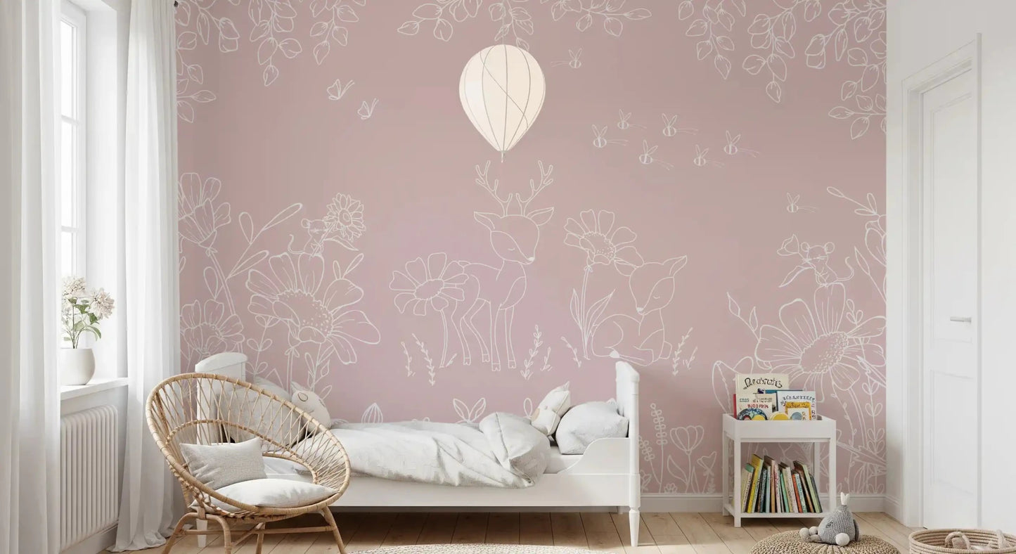 Deer Doodles Pink Wall Mural featuring bees and leaf outlines