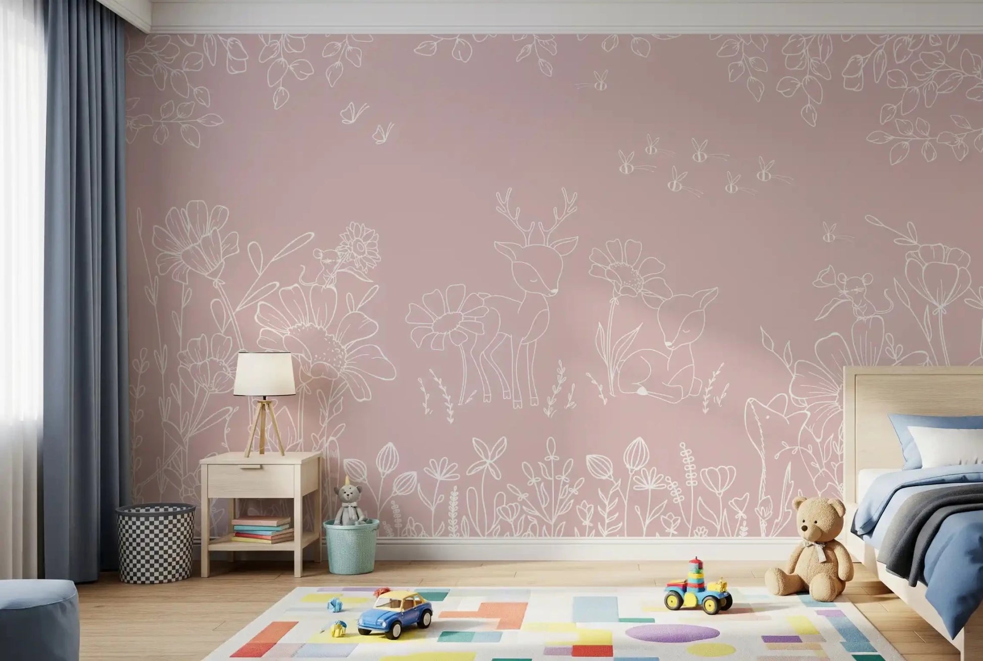 Deer Doodles Pink Wall Mural styled in a soft bedroom setup