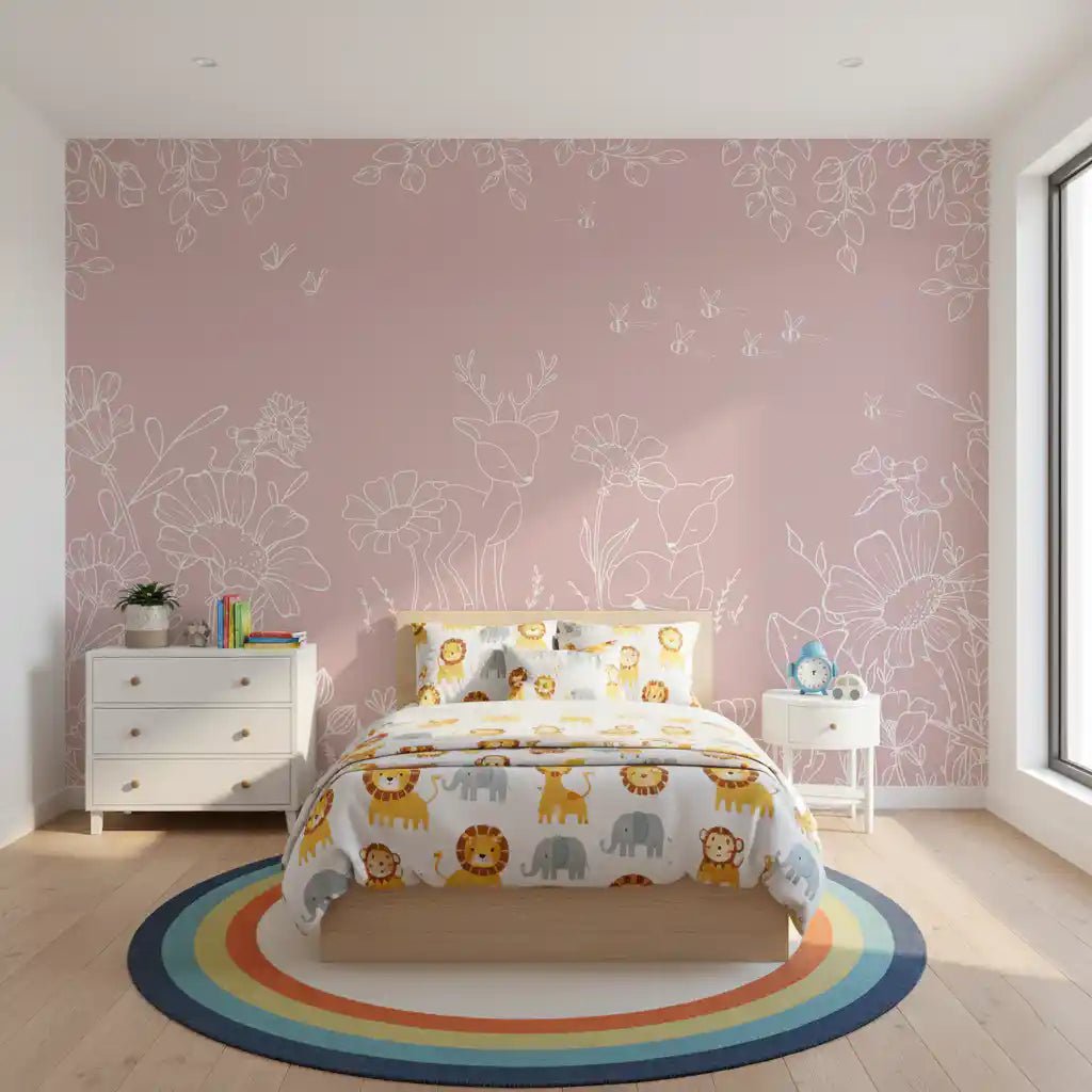 Calm bedroom scene using Deer Doodles Pink Wall Mural design