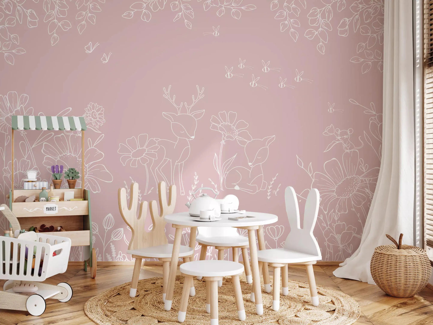 Nursery space finished with Deer Doodles Pink Wall Mural pattern