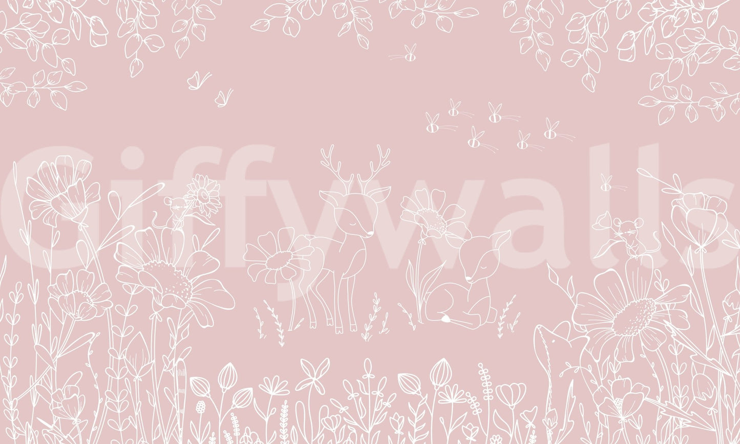 Minimal nature theme in Deer Doodles Pink Wall Mural design