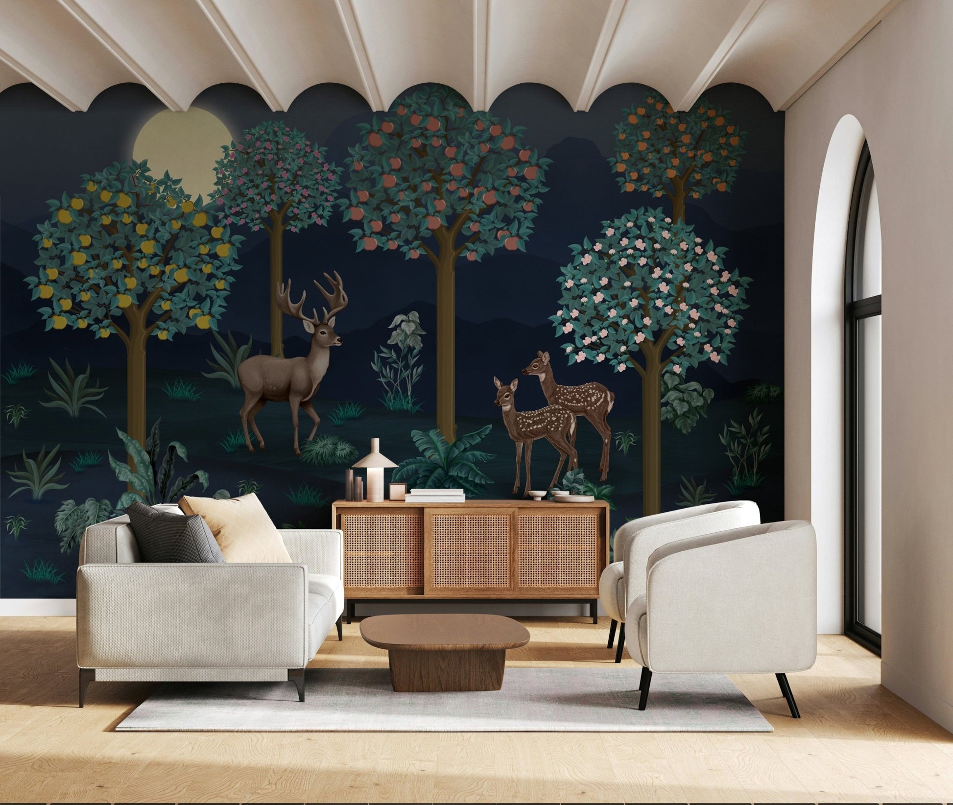 Deer in bloom wall mural paired with light oak furniture