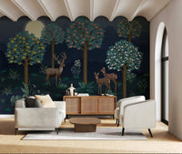 Deer in bloom wall mural paired with light oak furniture