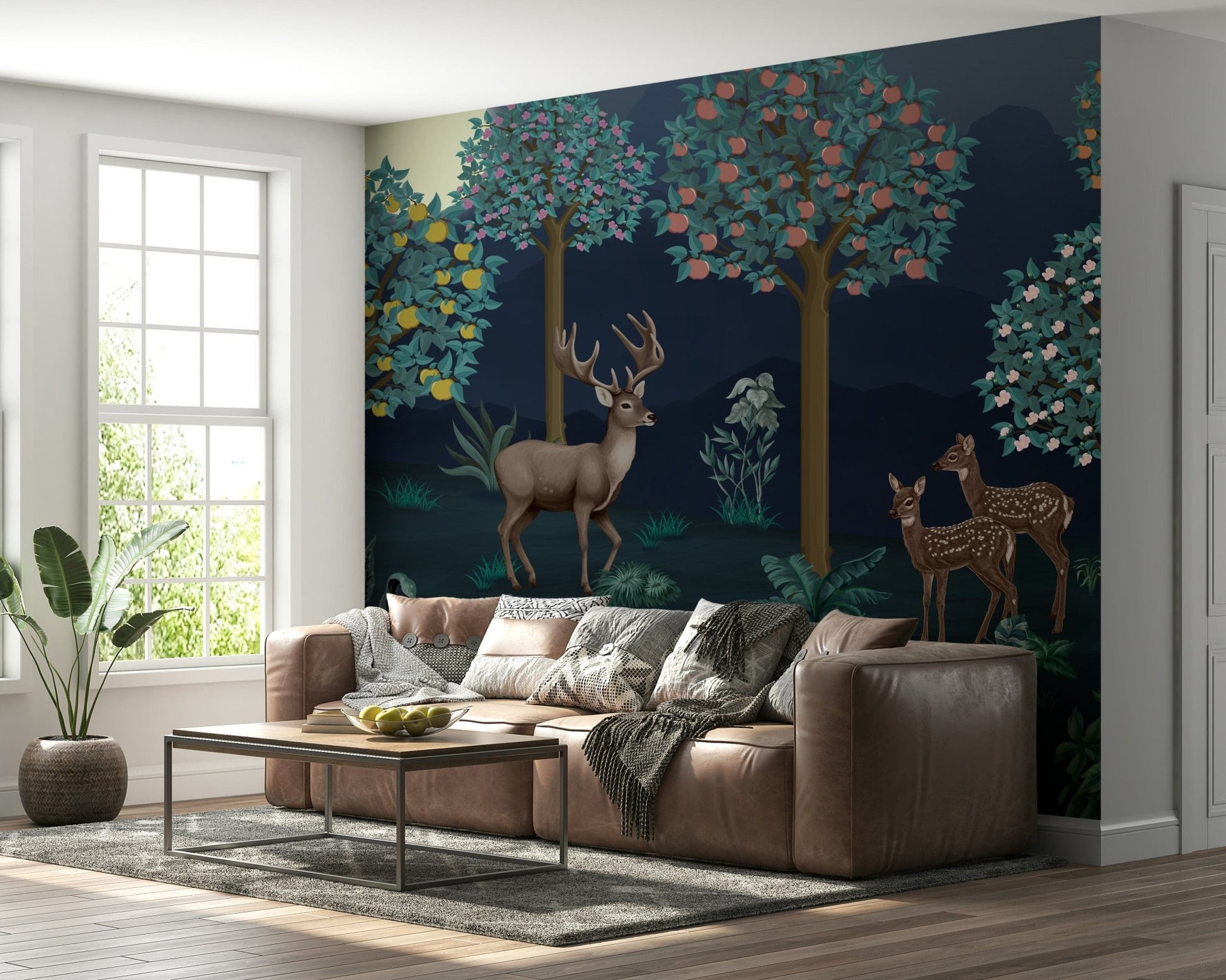 Deer in bloom wall mural in a serene master bedroom setting