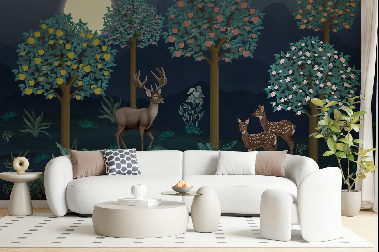 Soft pastel deer in bloom wall mural in a minimalist lounge