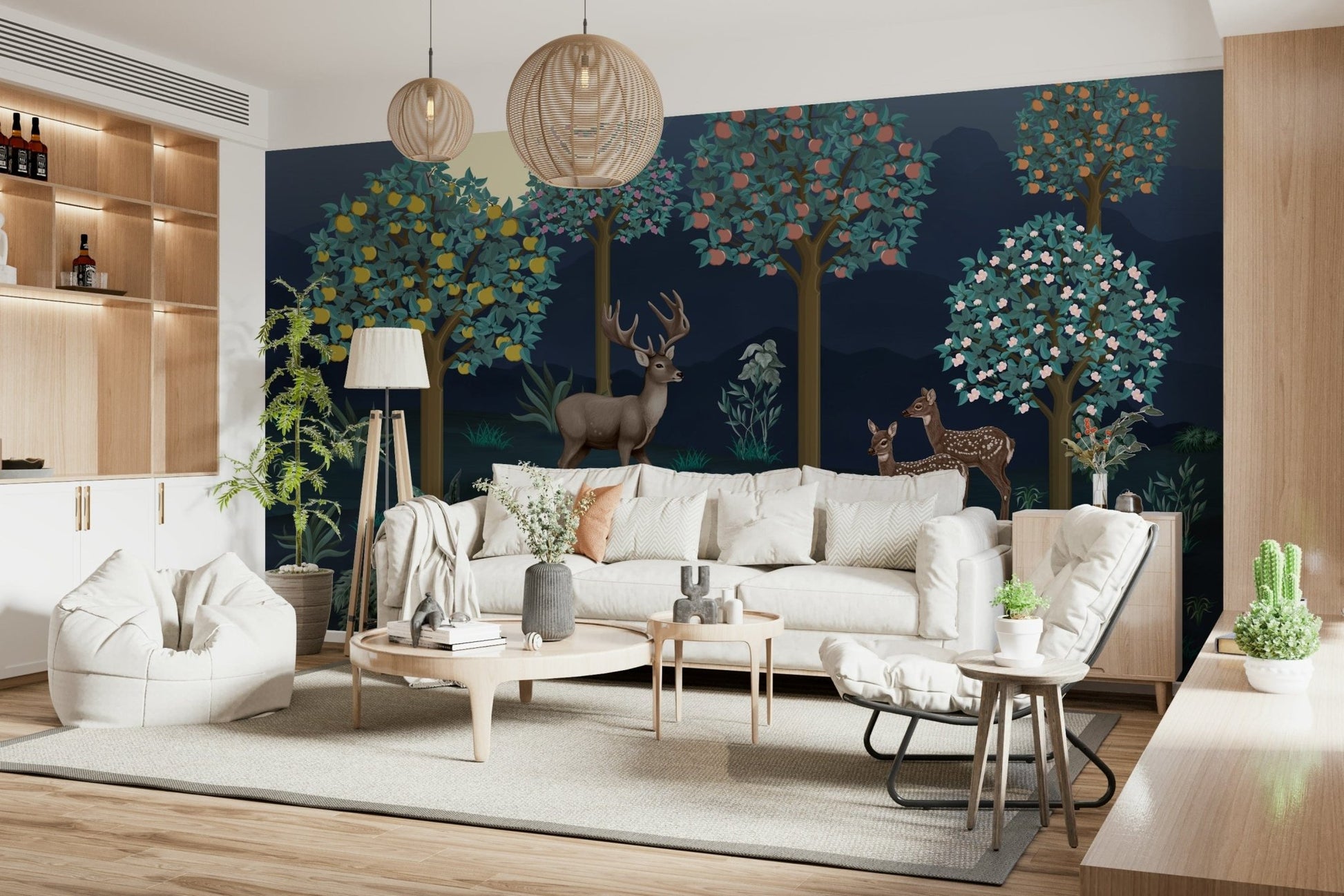 Botanical deer print for a nature themed living room feature wall