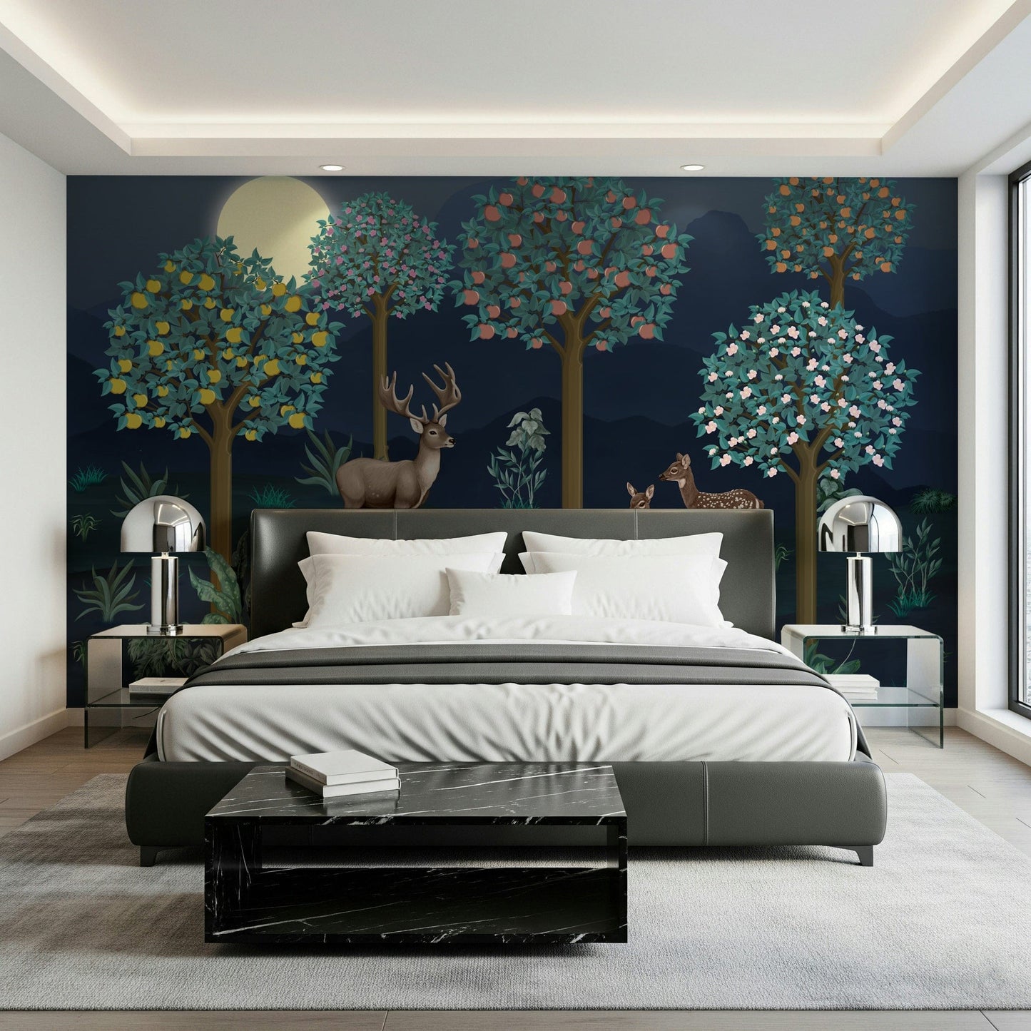 Floral forest wallpaper with deer for a peaceful nursery room