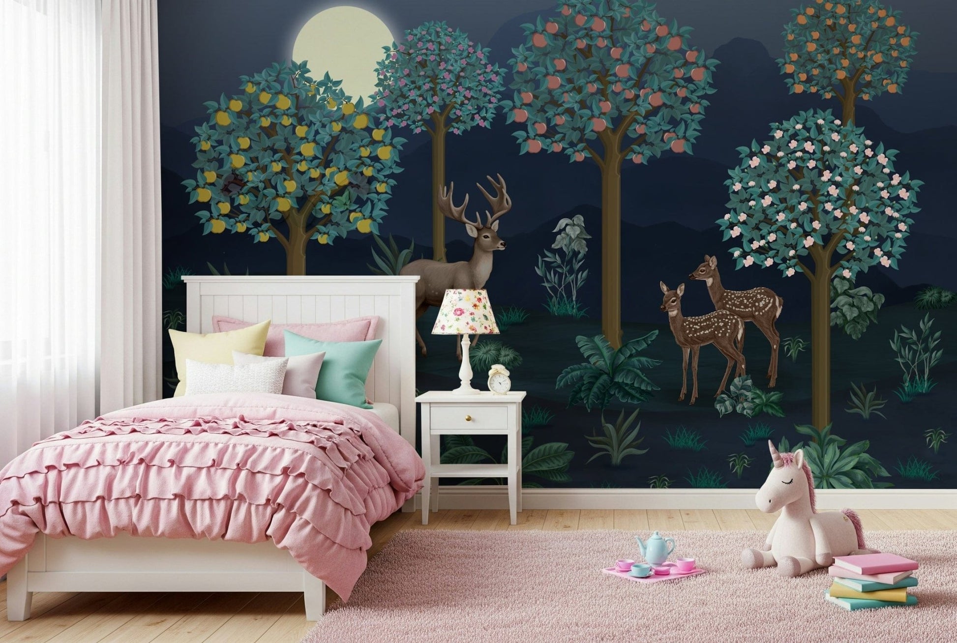 Watercolor style deer mural in a bright guest bedroom space