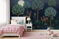 Watercolor style deer mural in a bright guest bedroom space
