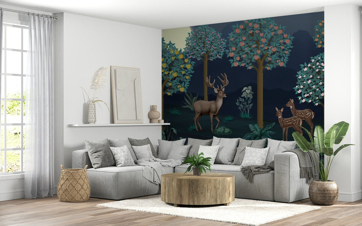 Elegant deer in bloom wallpaper for a sophisticated dining area