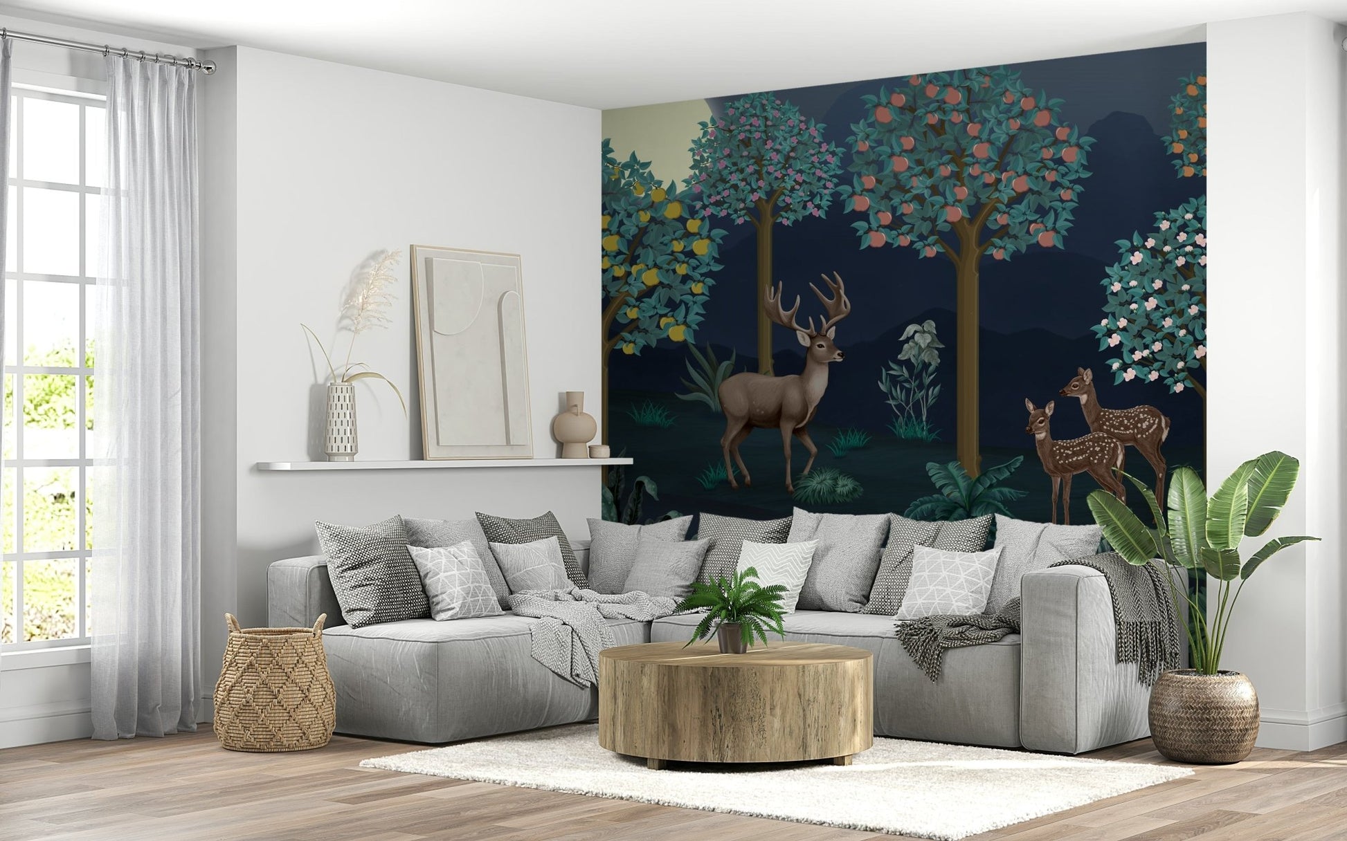 Elegant deer in bloom wallpaper for a sophisticated dining area