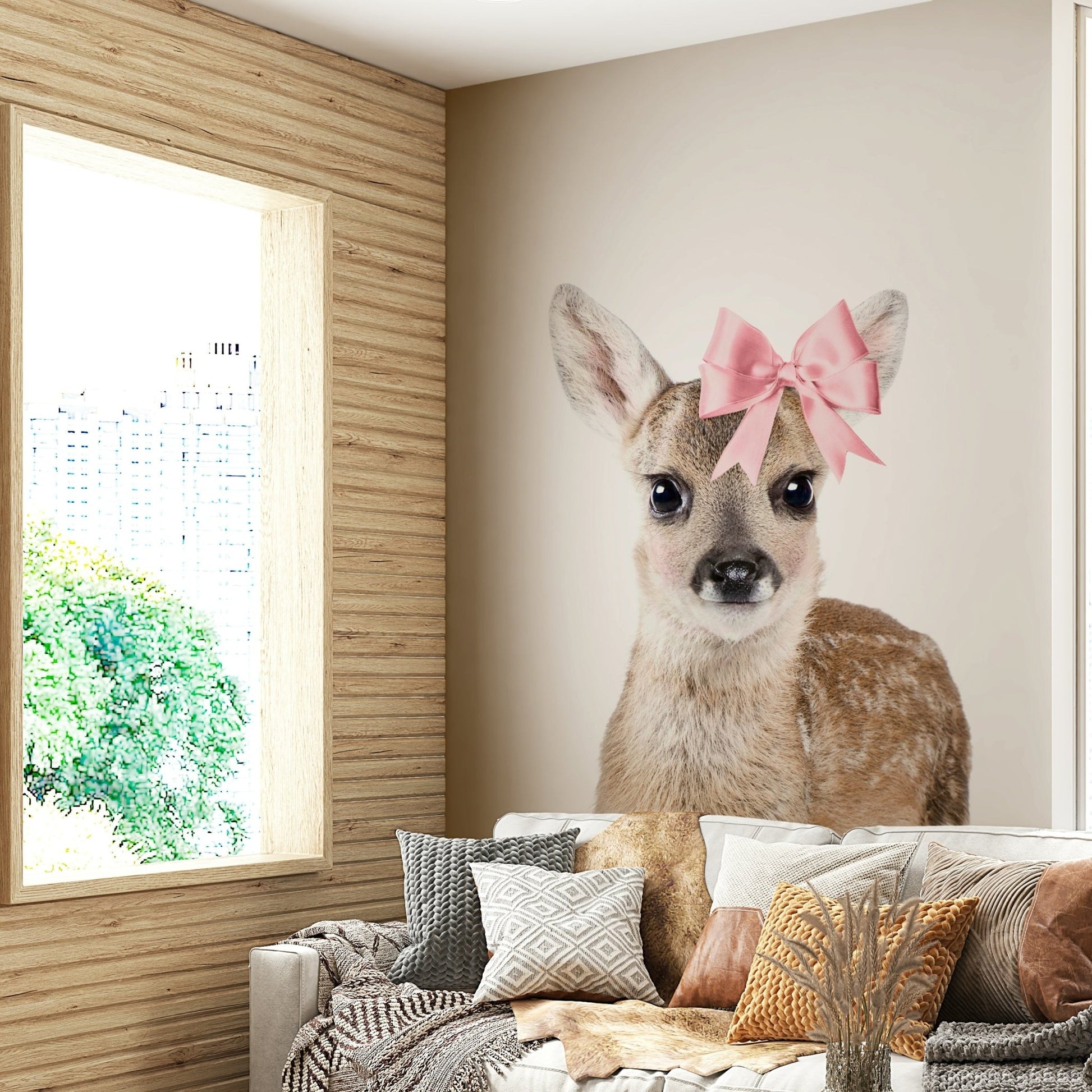Graceful deer with bow mural for nature-themed rooms


