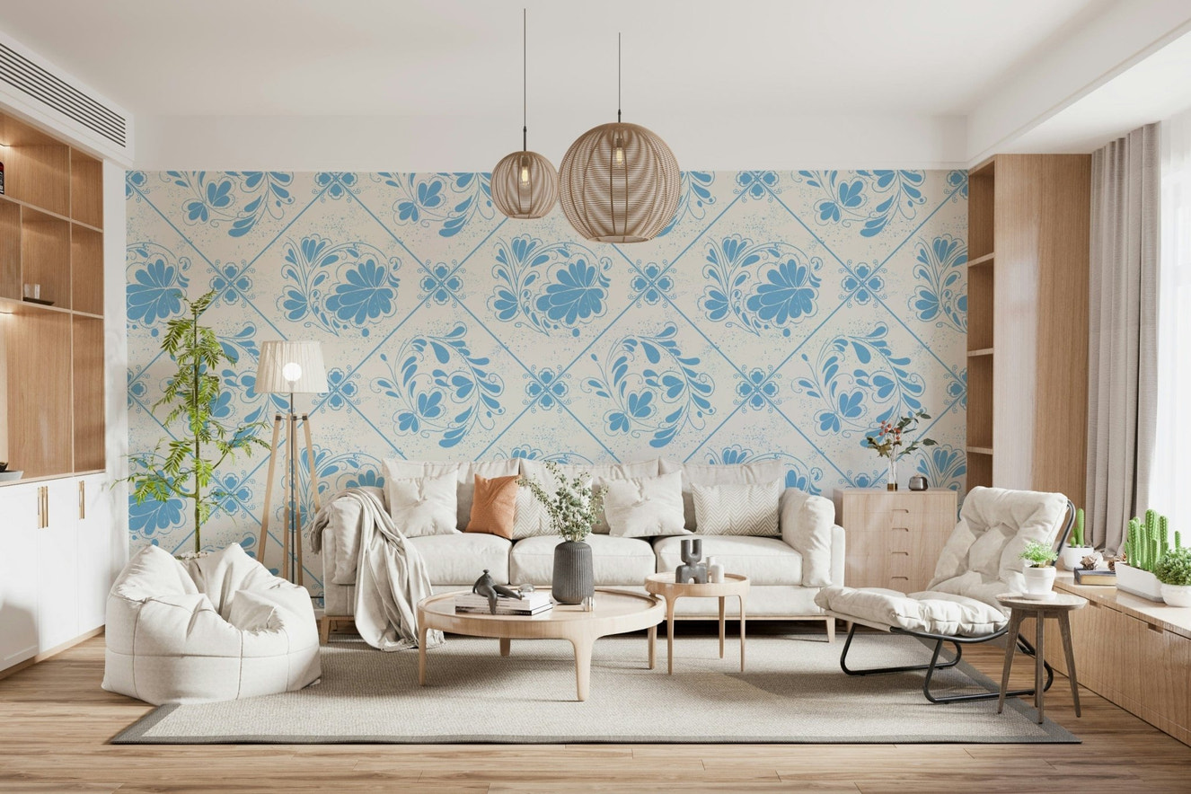 Delft Bloom Wallpaper in a traditional Indian living room