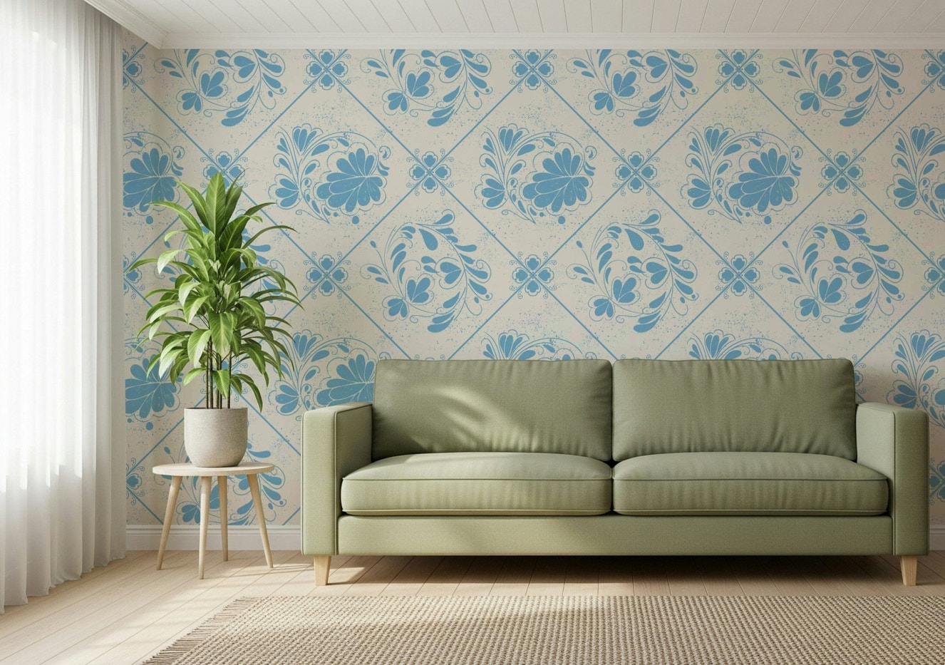 Traditional floral wall covering behind a wooden sofa set