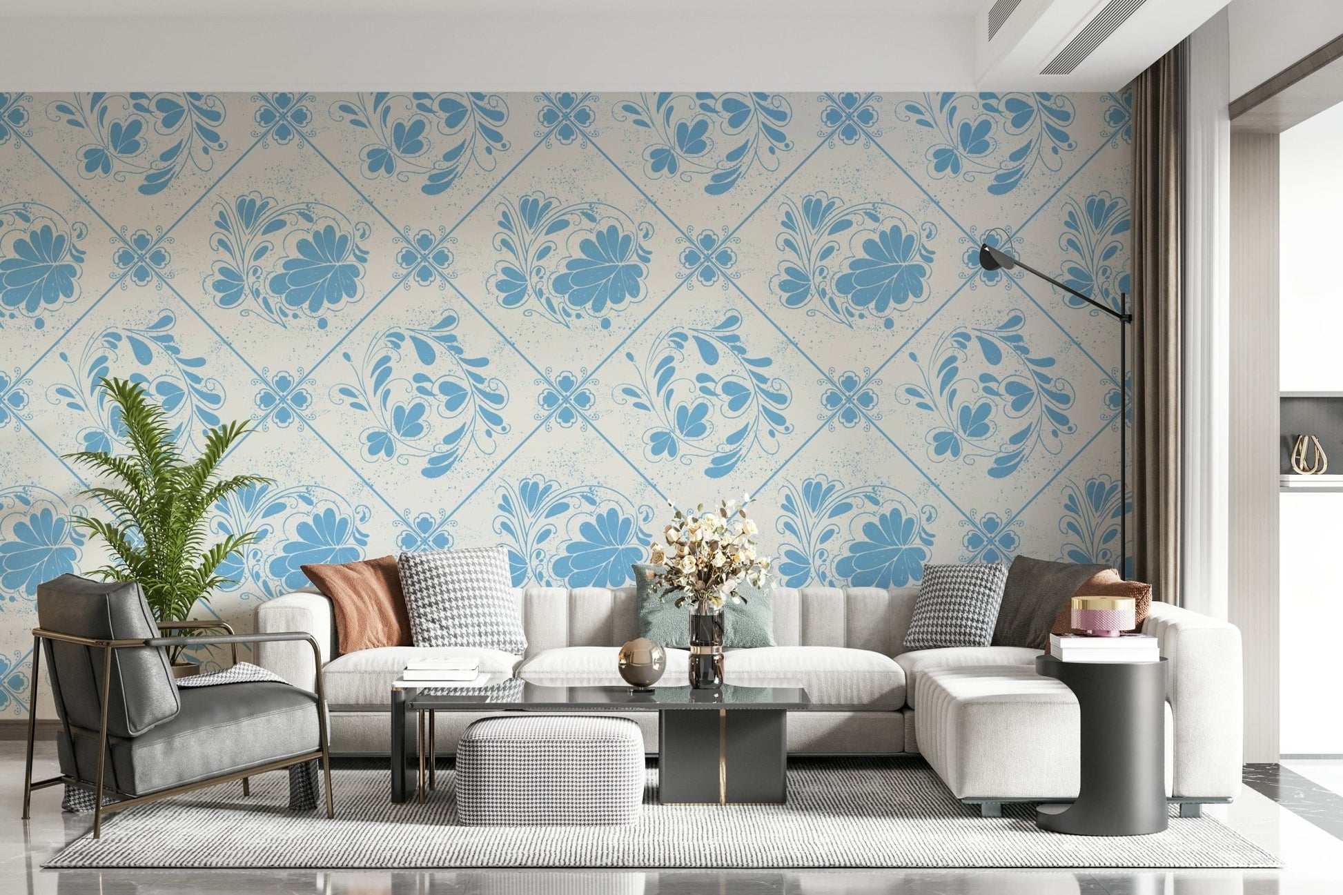 Artistic blue botanical wallpaper for a stylish entryway