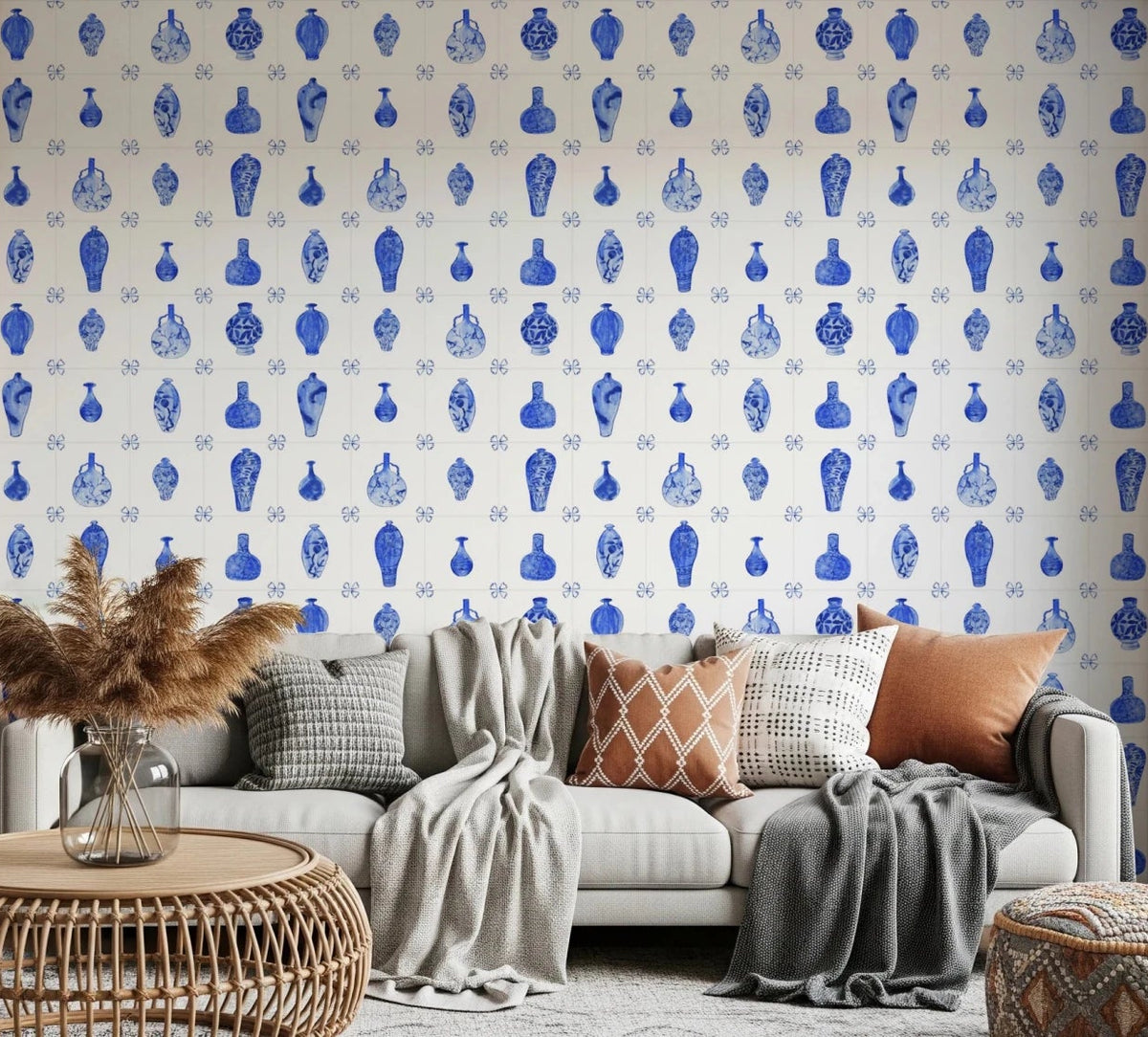 Sofa-focused living room styled with Delft Tile Blue White Porcelain Wallpaper backdrop, GD8146