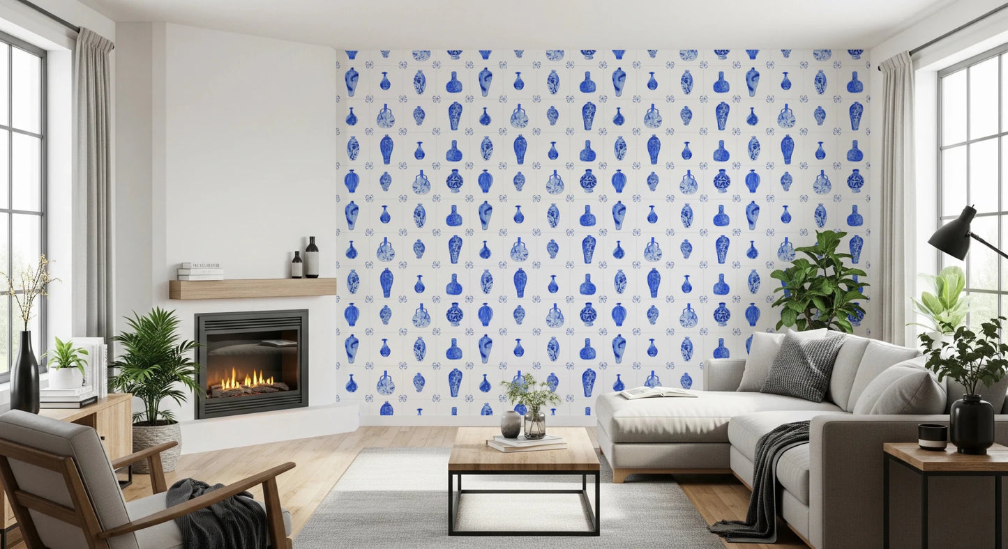 Delft Tile Blue & White Porcelain Wallpaper⁠