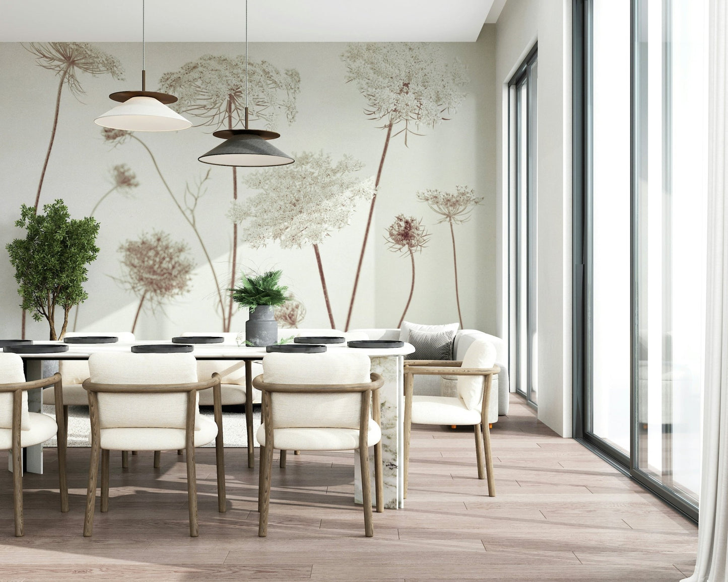 Elegant floral wall mural for a contemporary dining space décor.