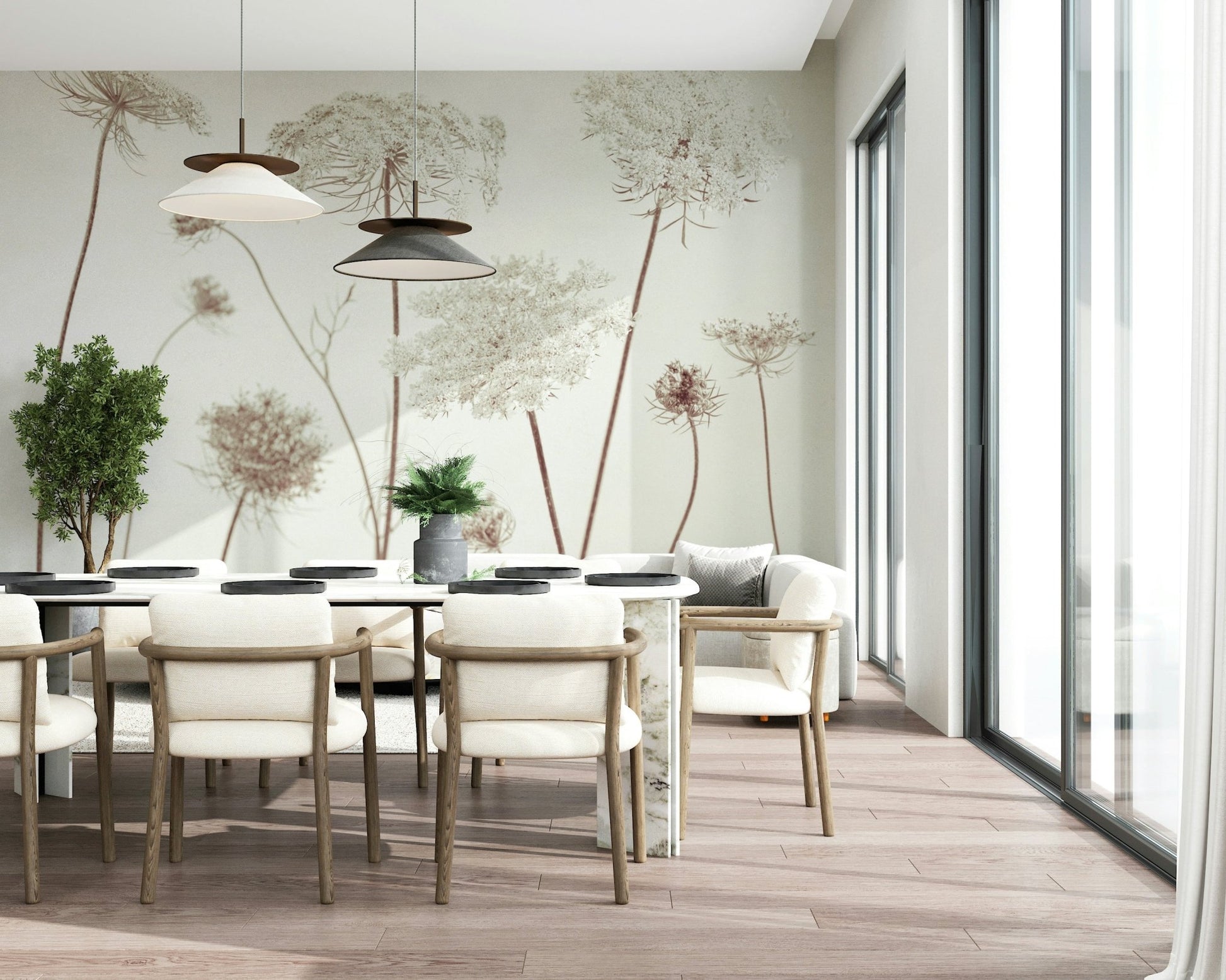 Elegant floral wall mural for a contemporary dining space décor.