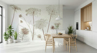 Intricate floral wall mural with soft lighting in a lounge.