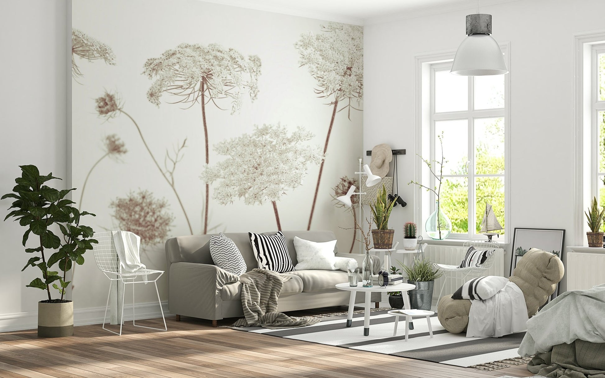 Pink and white botanical wall mural in a modern guest room.