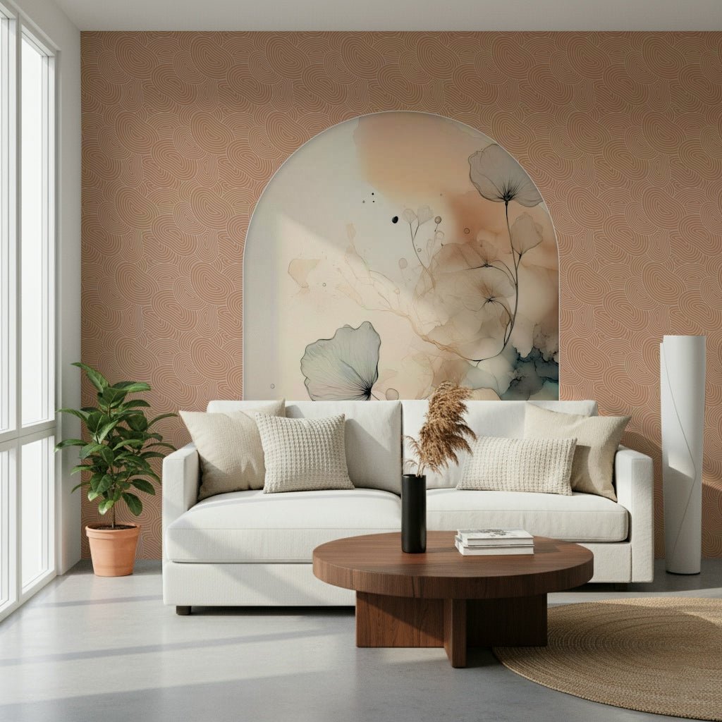 The elegant, bordered art of the Bloom Frame wallpaper mural.