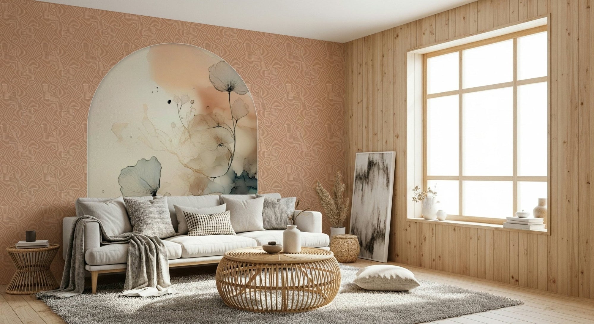 Delicate Bloom Frame Wall Mural accents a chic entryway mirror., GD6366