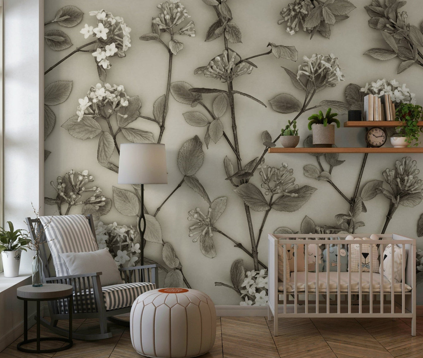 Botanical branches Delicate Blossoms paper, classic Spring bloom scene wall mural., GD6700