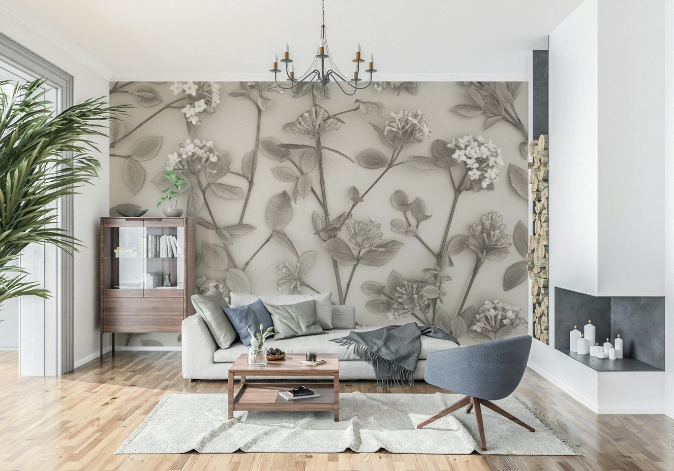 Monochromatic floral wallpaper mural, Delicate Blossoms of Spring art print.