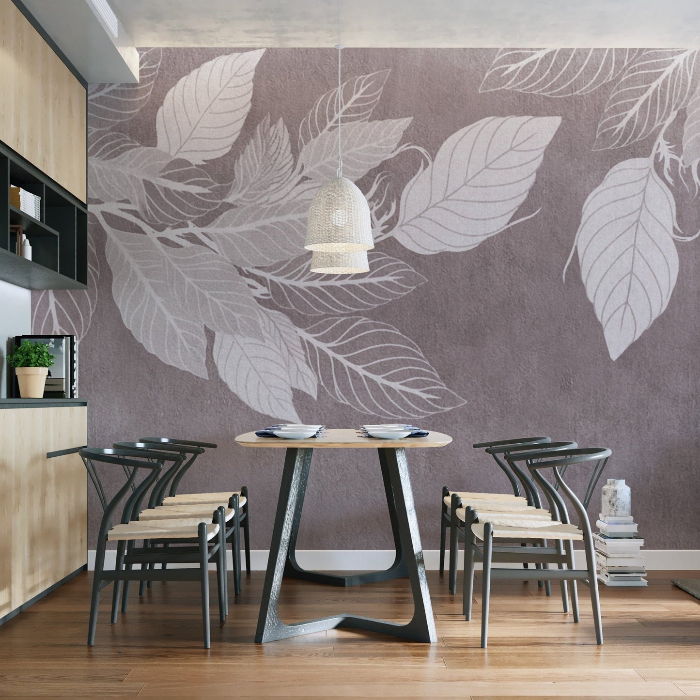 Soft muted leaf pattern wall mural D148
