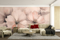 A living room with a delicate peach blossom design

