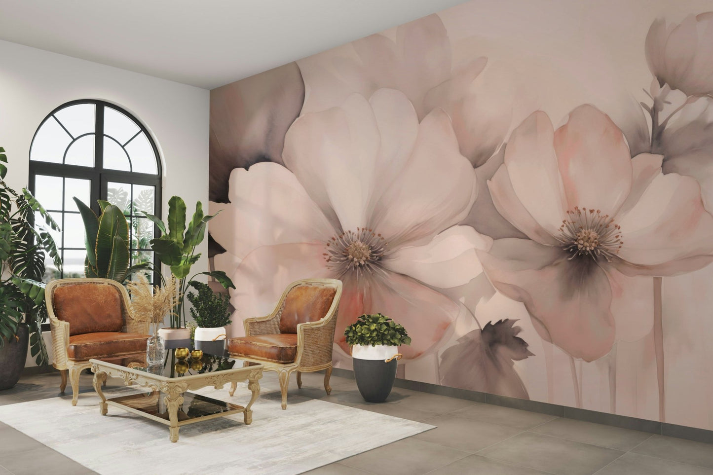 An angled shot of a wall with a floral wallpaper

