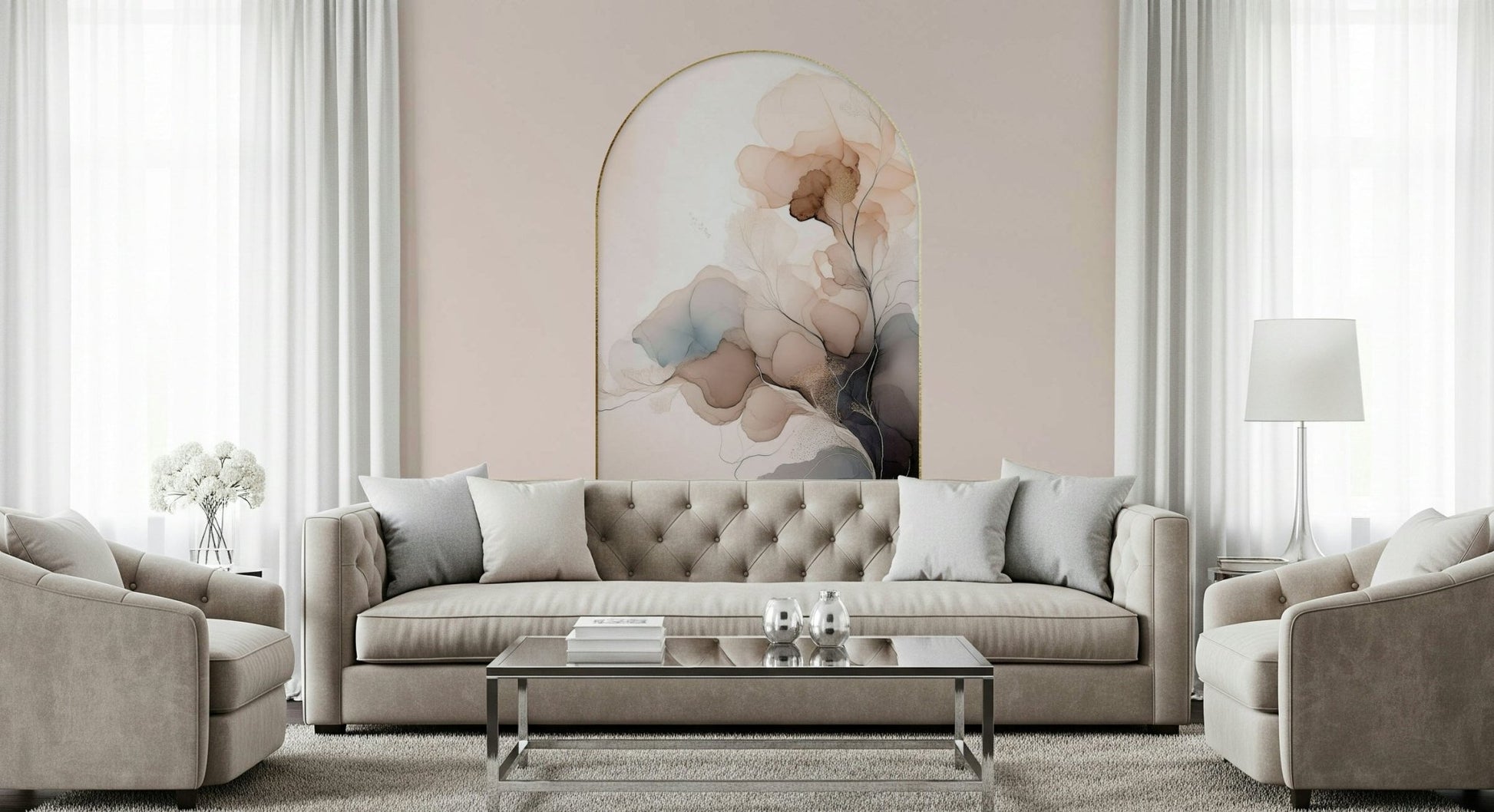 Vibrant living room with the breathtaking Delicate Floral Mist Wall Mural focus.