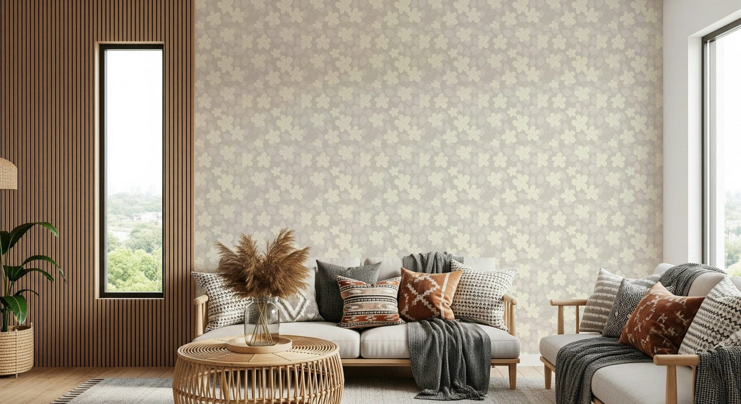 Neutral botanical wall mural featuring ivory petal clusters.