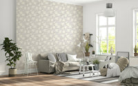 Soft grey floral mural wallpaper adds peaceful elegance.