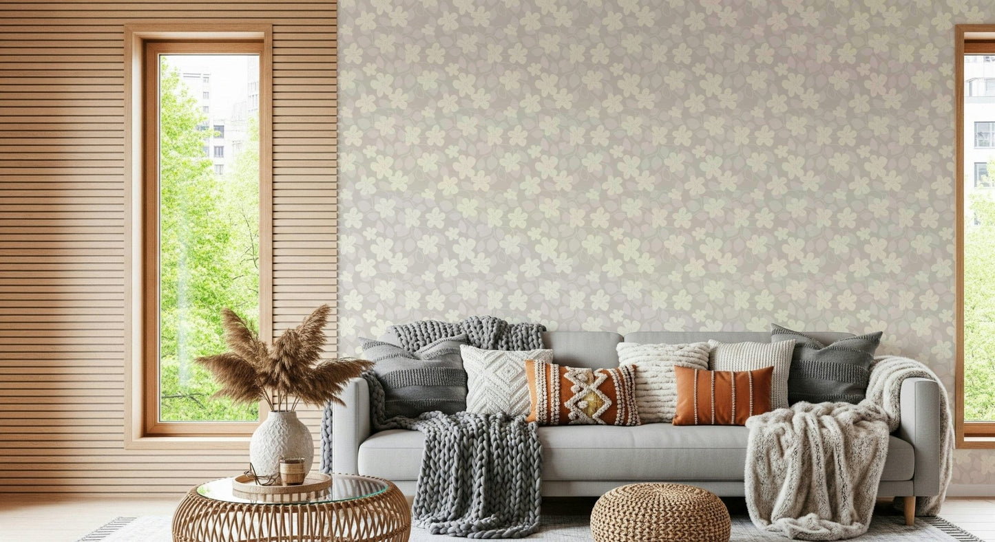 Subtle cream blossom wall mural creates cozy vibes.