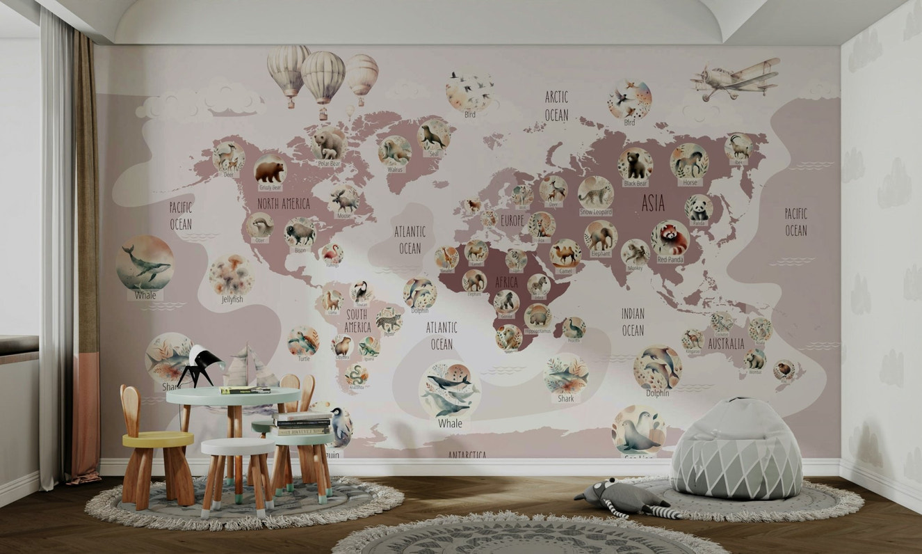 A beautiful, delightful world map with cartoon animals.

