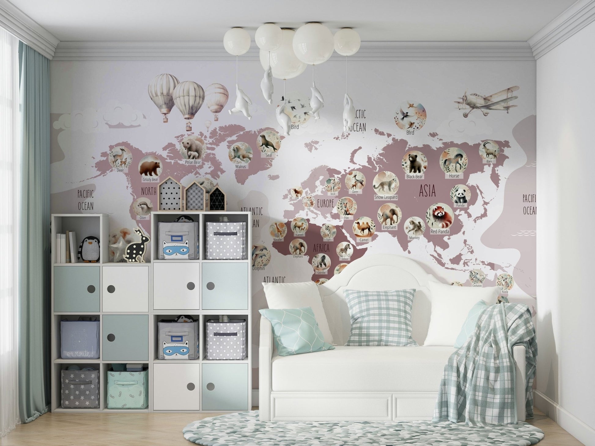 A minimalist home office with the delightful world map wallpaper.

