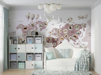 A minimalist home office with the delightful world map wallpaper.

