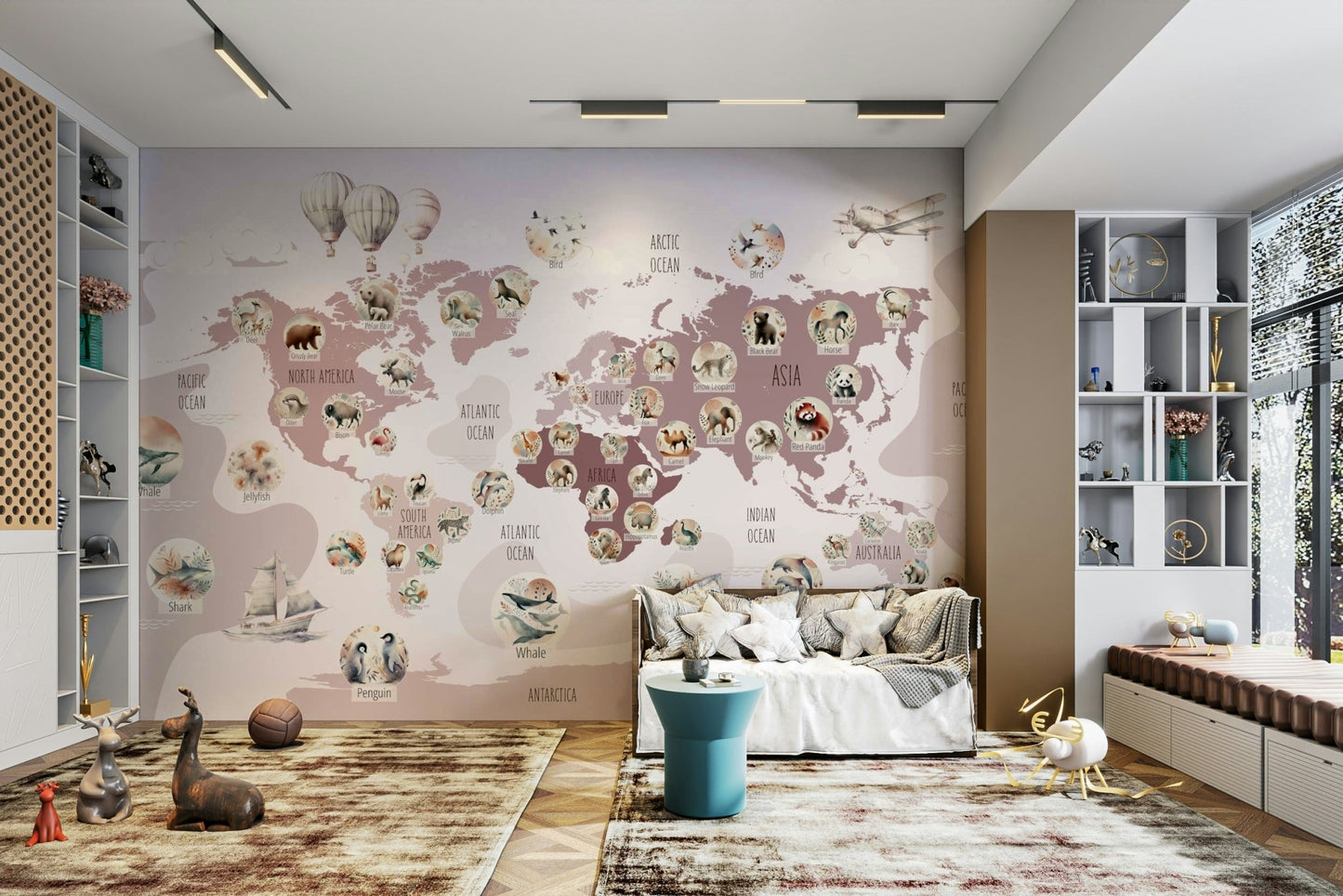 A living room featuring the animal map wall mural.

