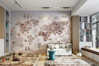 A living room featuring the animal map wall mural.

