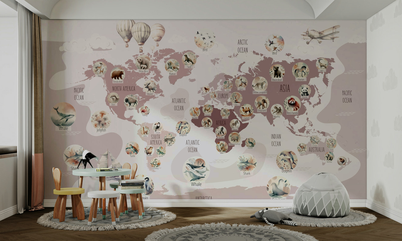 A beautiful, delightful world map with cartoon animals.

