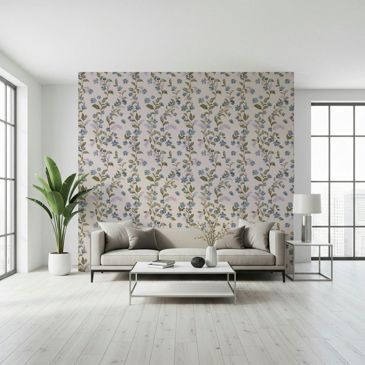 Classic country cottage Denim Dreams Floral wallpaper blue blossom repeat print decorative
