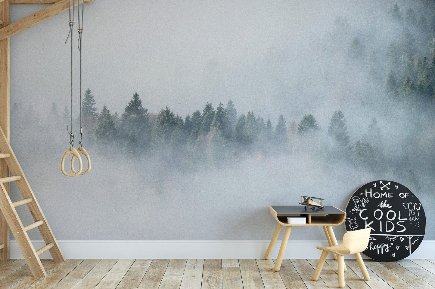 Dense fog forest wall design
