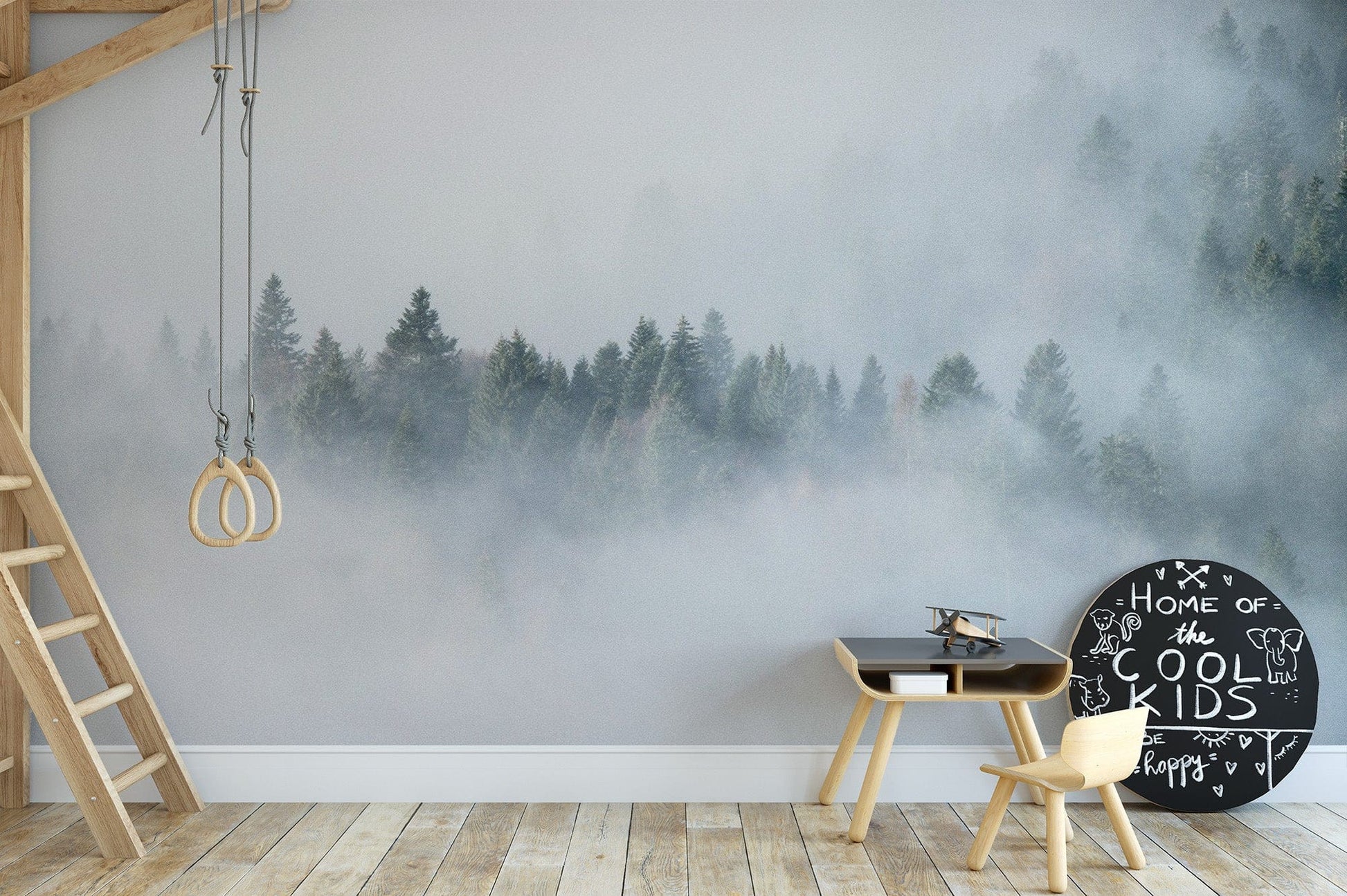 Dense fog forest wall design
